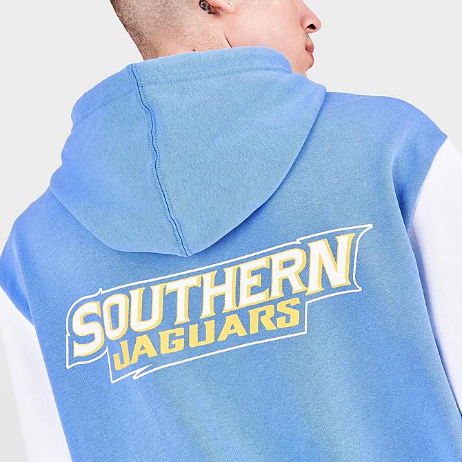 On Model 5 view of Men's Mitchell & Ness Southern University Jaguars College Colorblock Hoodie in Blue/White/Yellow Click to zoom