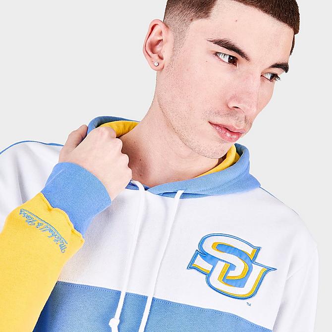 On Model 6 view of Men's Mitchell & Ness Southern University Jaguars College Colorblock Hoodie in Blue/White/Yellow Click to zoom