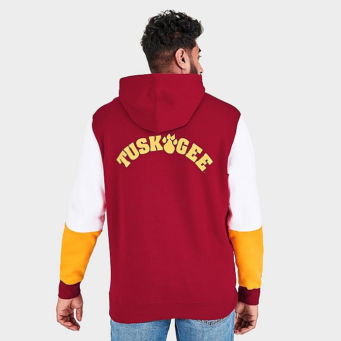 Front view of Men's Mitchell & Ness Tuskegee University Golden Tigers College Colorblock Hoodie in Red/White/Yellow Click to zoom