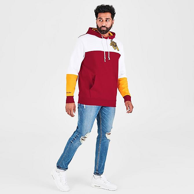 Front Three Quarter view of Men's Mitchell & Ness Tuskegee University Golden Tigers College Colorblock Hoodie in Red/White/Yellow Click to zoom