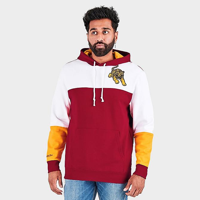 Back Left view of Men's Mitchell & Ness Tuskegee University Golden Tigers College Colorblock Hoodie in Red/White/Yellow Click to zoom
