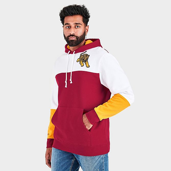 Back Right view of Men's Mitchell & Ness Tuskegee University Golden Tigers College Colorblock Hoodie in Red/White/Yellow Click to zoom