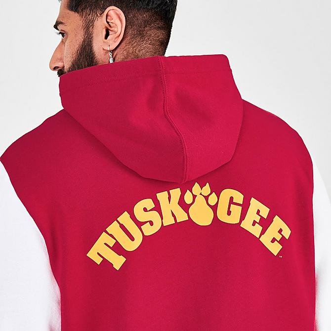 On Model 5 view of Men's Mitchell & Ness Tuskegee University Golden Tigers College Colorblock Hoodie in Red/White/Yellow Click to zoom