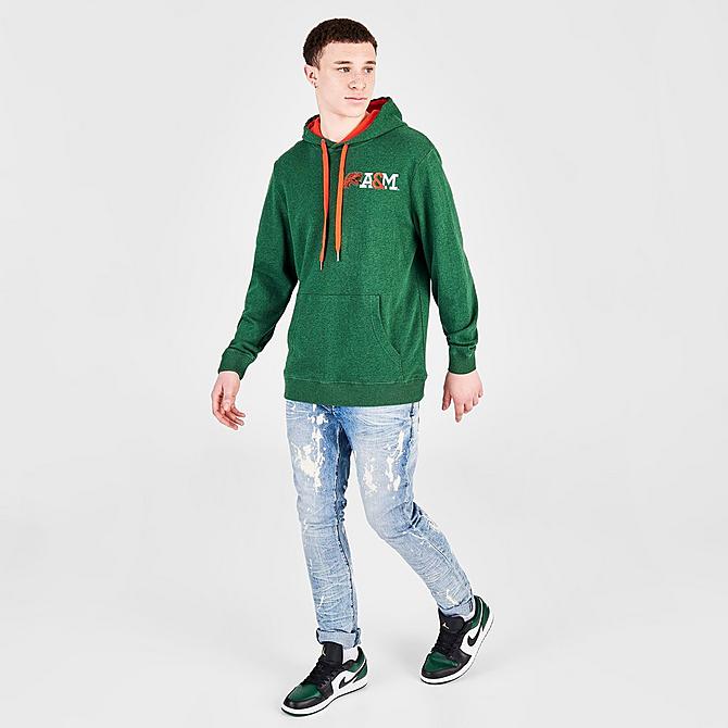 Front Three Quarter view of Men's Mitchell & Ness Florida A&M University Classic French Terry Hoodie in Green Click to zoom