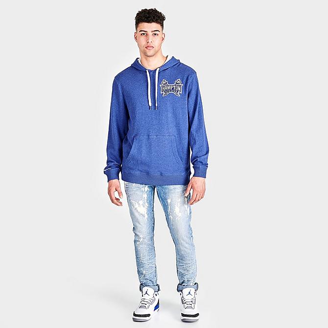 Front Three Quarter view of Men's Mitchell & Ness Hampton Pirates College Lag Classic French Terry Hoodie in Navy Click to zoom