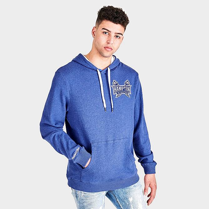 Back Left view of Men's Mitchell & Ness Hampton Pirates College Lag Classic French Terry Hoodie in Navy Click to zoom