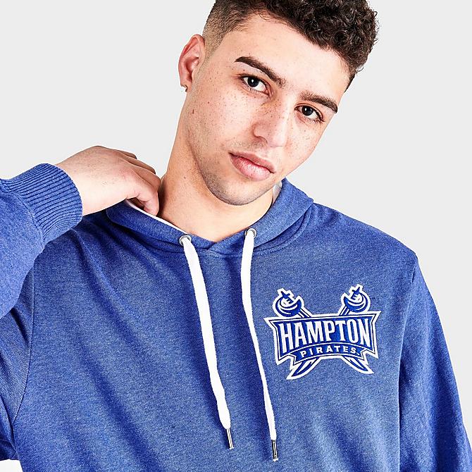 On Model 5 view of Men's Mitchell & Ness Hampton Pirates College Lag Classic French Terry Hoodie in Navy Click to zoom