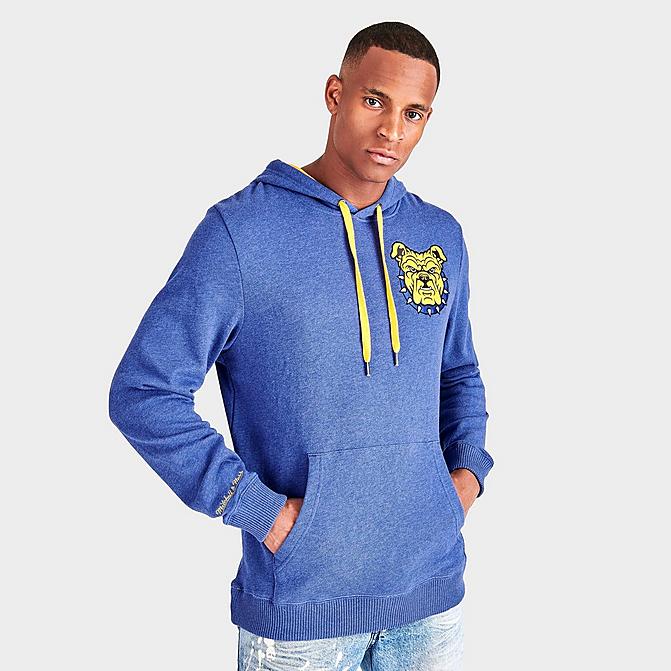 Front view of Men's Mitchell & Ness North Carolina A&T Aggies College Lag Classic French Terry Hoodie in Blue Click to zoom