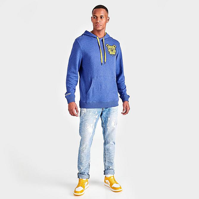 Front Three Quarter view of Men's Mitchell & Ness North Carolina A&T Aggies College Lag Classic French Terry Hoodie in Blue Click to zoom