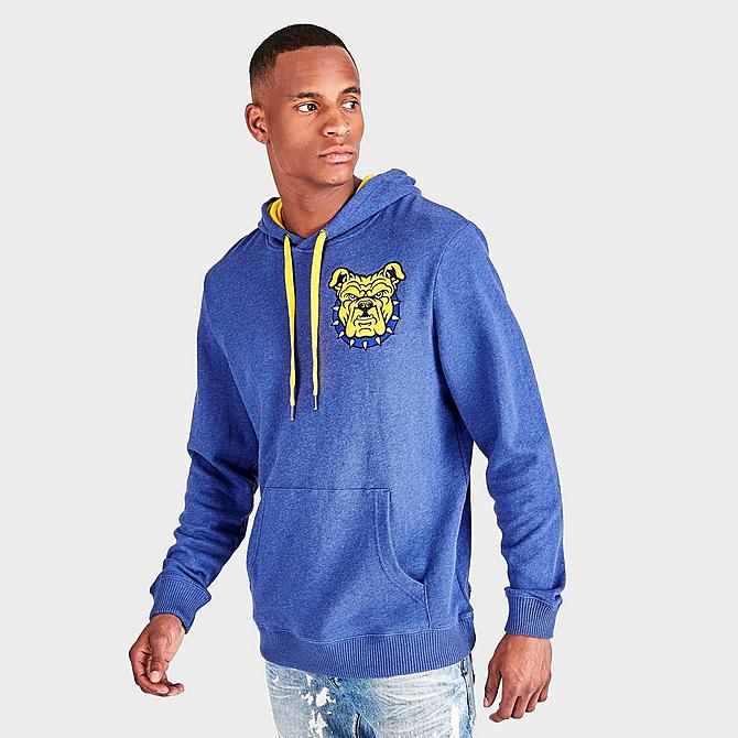 Back Left view of Men's Mitchell & Ness North Carolina A&T Aggies College Lag Classic French Terry Hoodie in Blue Click to zoom
