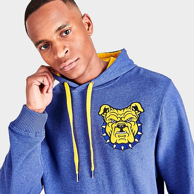 On Model 5 view of Men's Mitchell & Ness North Carolina A&T Aggies College Lag Classic French Terry Hoodie in Blue Click to zoom