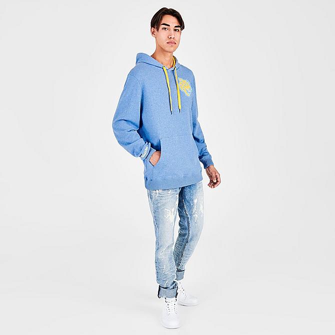 Front Three Quarter view of Men's Mitchell & Ness Southern University Jaguars Classic French Terry Hoodie in Blue Click to zoom