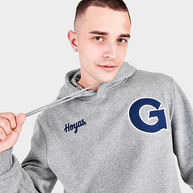 On Model 5 view of Men's Mitchell & Ness Georgetown Hoyas College Champs Hoodie in Grey Click to zoom