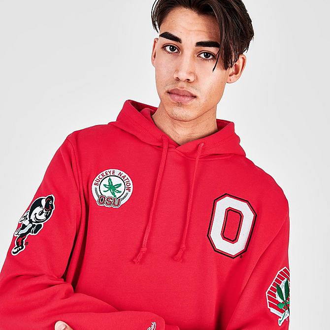 On Model 5 view of Men's Mitchell & Ness Ohio State Buckeyes College Champs Hoodie in Red Click to zoom