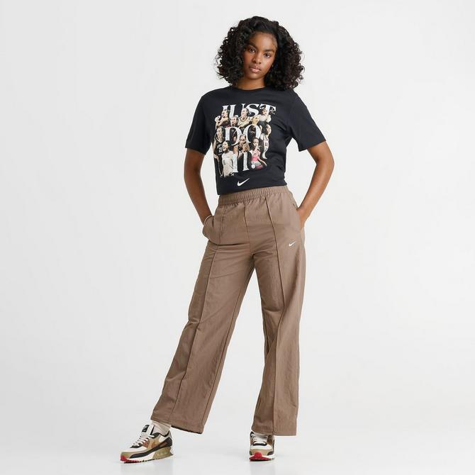 [angle] view of Women's Nike Sportswear Everything Wovens Mid-Rise Open-Hem Pants in Mink Brown/White Click to zoom