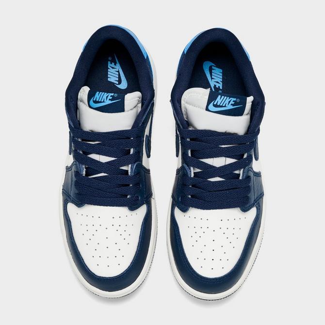 Back view of Little Kids' Air Jordan Retro 1 Low Casual Shoes in Obsidian/Sail/University Blue Click to zoom