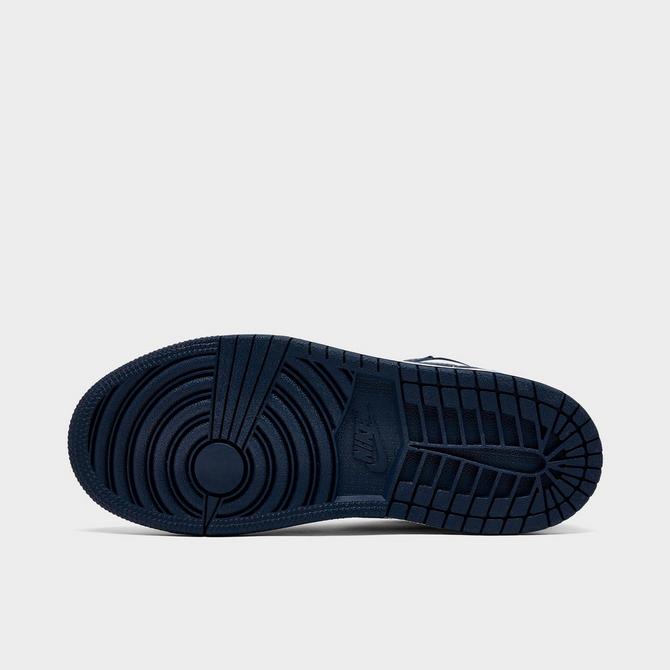 Bottom view of Little Kids' Air Jordan Retro 1 Low Casual Shoes in Obsidian/Sail/University Blue Click to zoom