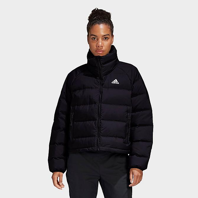 Front view of Women's adidas Helionic Relaxed Fit Down Jacket in Black Click to zoom