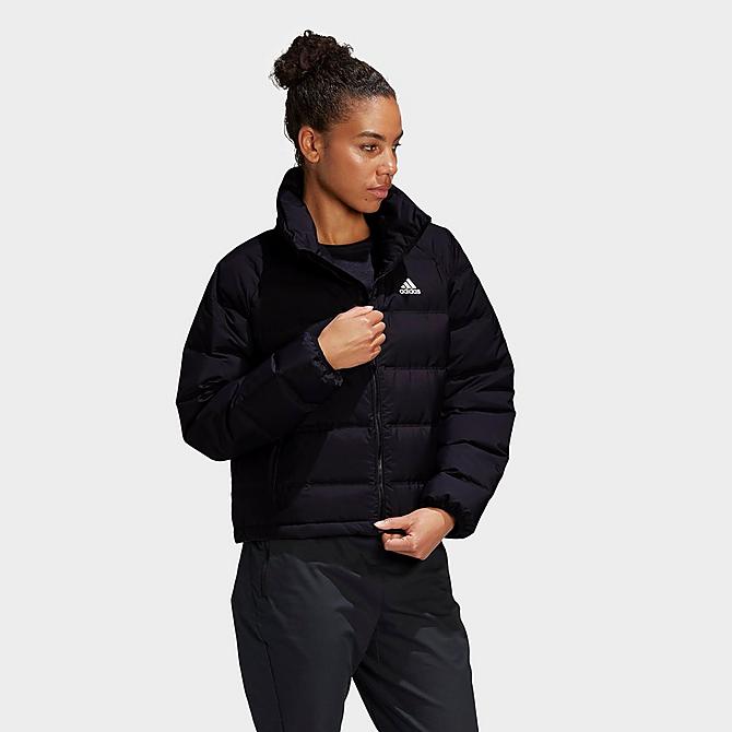 Back Left view of Women's adidas Helionic Relaxed Fit Down Jacket in Black Click to zoom