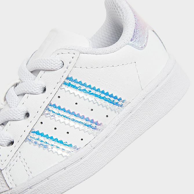 Front view of Girls' Toddler adidas Originals Superstar Casual Shoes in Cloud White/Cloud White-Iridescent Click to zoom