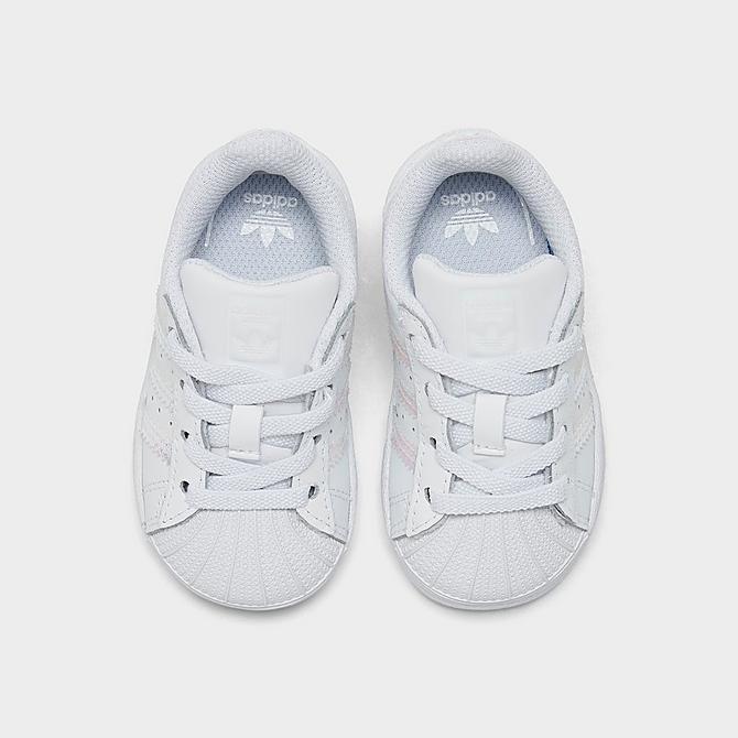 Back view of Girls' Toddler adidas Originals Superstar Casual Shoes in Cloud White/Cloud White-Iridescent Click to zoom