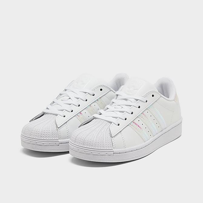 Three Quarter view of Girls' Little Kids' adidas Originals Superstar Girls Are Awesome Casual Shoes in White/Iridescent Pink Click to zoom