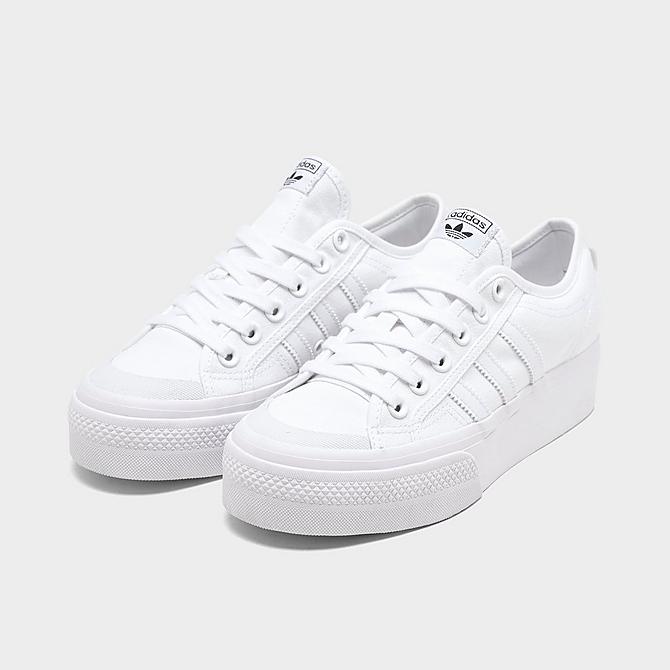 Three Quarter view of Women's adidas Originals Nizza Platform Casual Shoes in White/White Click to zoom