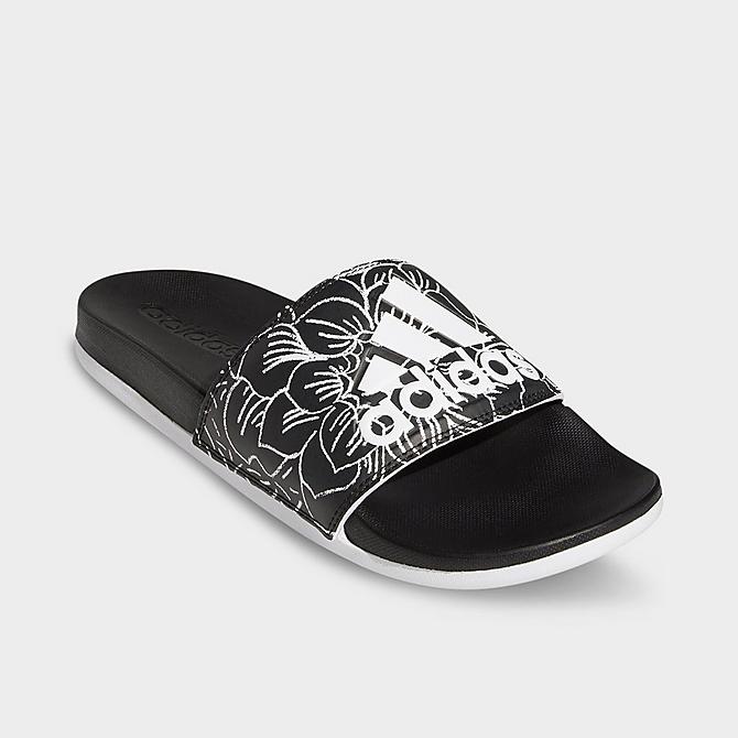 Three Quarter view of Women's adidas Adilette Comfort Slide Sandals in Core Black/Cloud White/Purple Tint Click to zoom