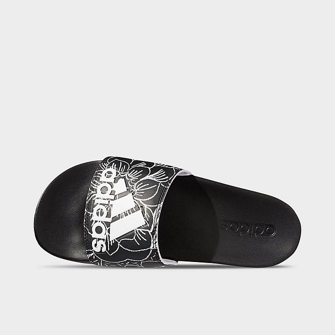 Back view of Women's adidas Adilette Comfort Slide Sandals in Core Black/Cloud White/Purple Tint Click to zoom