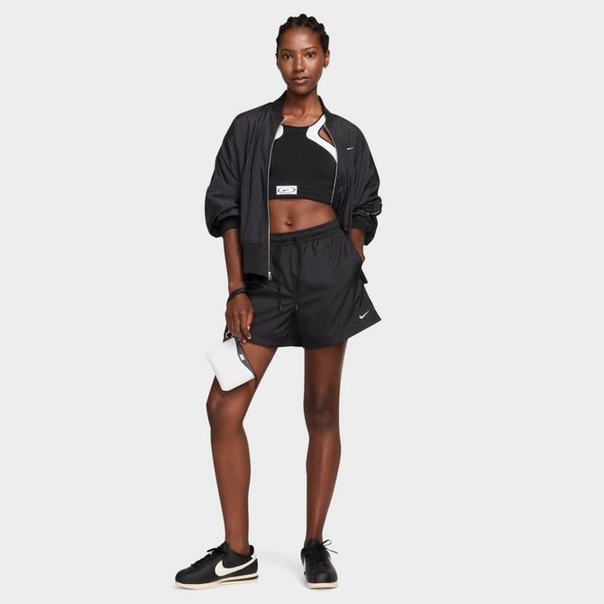 [angle] view of Women's Nike Sportswear Classic Mid-Rise Woven Shorts in Black/White Click to zoom