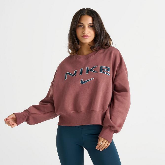 [angle] view of Women's Nike Sportswear Phoenix Fleece Over-Oversized Crewneck Sweatshirt in Red Sepia/Platinum Violet/Armory Navy Click to zoom