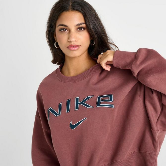 [angle] view of Women's Nike Sportswear Phoenix Fleece Over-Oversized Crewneck Sweatshirt in Red Sepia/Platinum Violet/Armory Navy Click to zoom