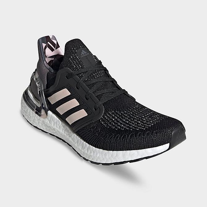 Three Quarter view of Women's adidas x NASA UltraBOOST 20 Running Shoes in Core Black/Pink Tint/Grey Four Click to zoom