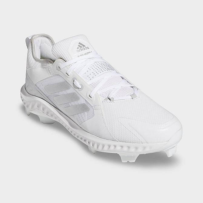 Three Quarter view of Women's adidas PureHustle TPU Softball Cleats in White/Silver Metallic/Grey One Click to zoom