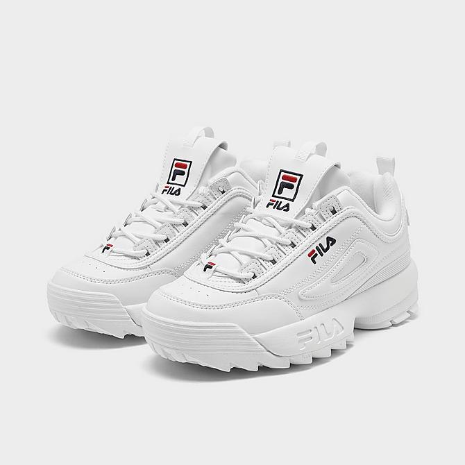 Three Quarter view of Big Kids' Fila Disruptor 2 Premium Casual Shoes in White/Navy/Red Click to zoom