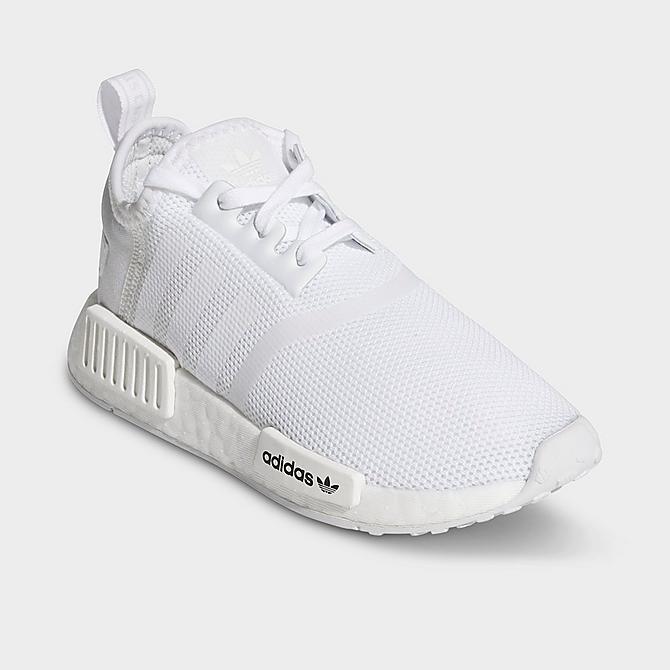 Three Quarter view of Little Kids' adidas Originals NMD R1 Casual Shoes in Cloud White/Cloud White Click to zoom