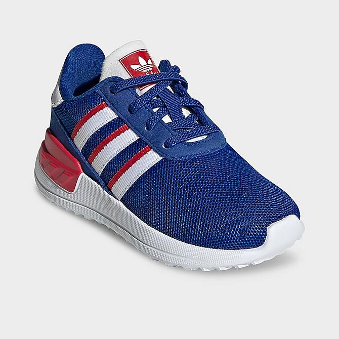 Three Quarter view of Kids' Toddler adidas Originals LA Trainer Lite Casual Shoes in Royal Blue/Cloud White/Scarlet Click to zoom