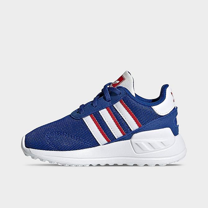 Front view of Kids' Toddler adidas Originals LA Trainer Lite Casual Shoes in Royal Blue/Cloud White/Scarlet Click to zoom