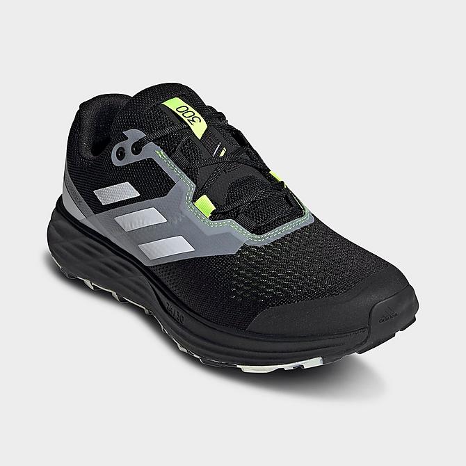 Three Quarter view of Men's adidas Terrex Two Flow Trail Running Shoes in Black/Crystal White/Solar Yellow Click to zoom
