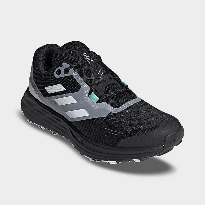 Three Quarter view of Women's adidas Terrex Two Flow Trail Running Shoes in Black/Crystal White/Clear Mint Click to zoom