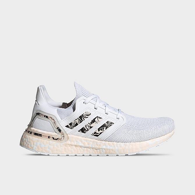 Three Quarter view of Women's adidas UltraBOOST 20 Running Shoes in Cloud White/Pink Tint/Core Black Click to zoom