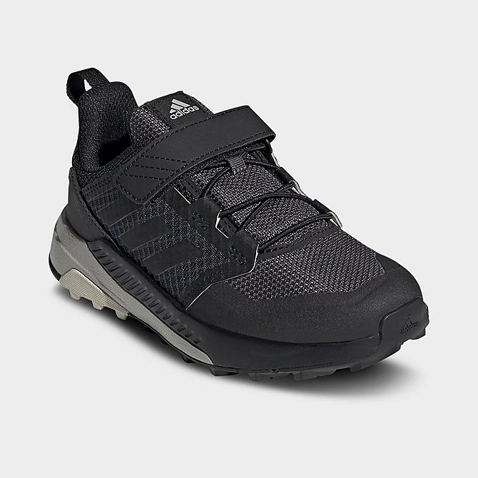 Three Quarter view of Big Kids' adidas Terrex Trailmaker Hiking Shoes in Grey/Black/Alumina Click to zoom