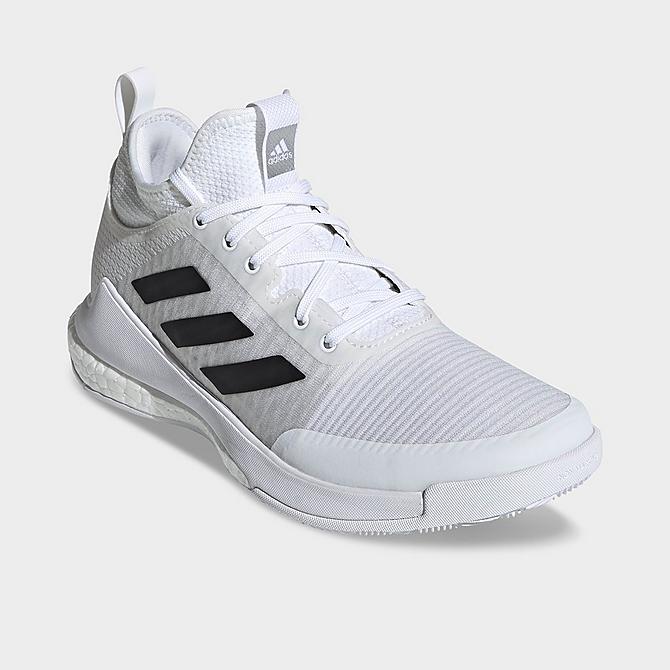 Three Quarter view of Women's adidas Crazyflight Mid Volleyball Shoes in White/Black/Silver Metallic Click to zoom