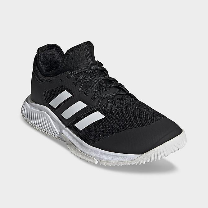 Three Quarter view of Women's adidas Court Team Bounce Volleyball Shoes in Black/White/Silver Metallic Click to zoom