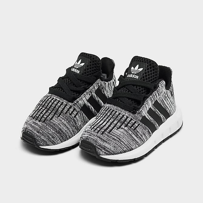 Three Quarter view of Kids' Toddler adidas Originals Swift Run Casual Shoes in Cloud White/Core Black/Core Black Click to zoom