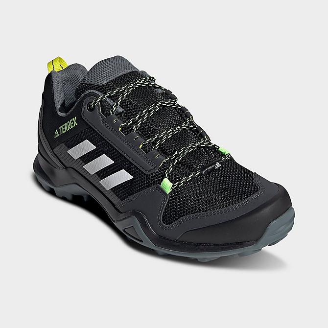 Three Quarter view of Men's adidas Terrex AX3 Hiking Shoes in Black/White/Acid Yellow Click to zoom