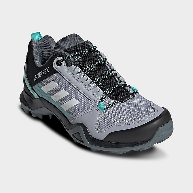 Three Quarter view of Women's adidas Terrex AX3 Hiking Shoes in Halo Silver/Crystal White/Acid Mint Click to zoom