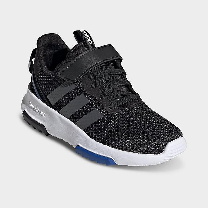 Three Quarter view of Boys' Little Kids' adidas Essentials Racer TR 2.0 Casual Shoes in Black/Grey/Team Royal Blue Click to zoom