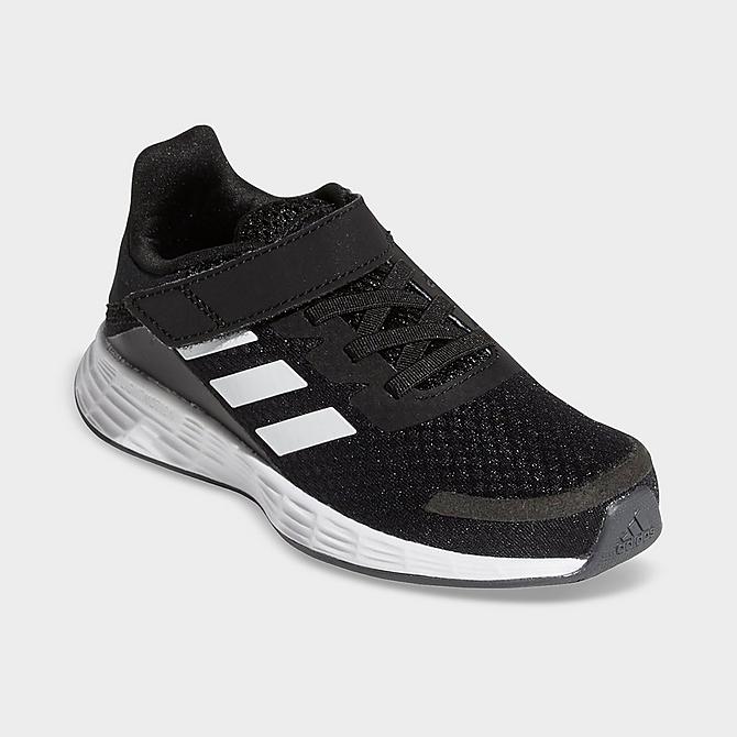 Three Quarter view of Little Kids' adidas Duramo SL Hook-and-Loop Running Shoes in Core Black/Cloud White/Grey Six Click to zoom