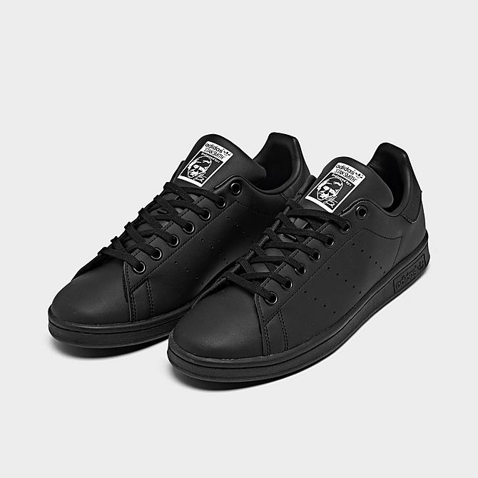 Three Quarter view of Big Kids' adidas Originals Stan Smith Primegreen Casual Shoes in Core Black/Core Black/Cloud White Click to zoom